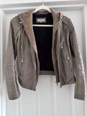 Lamarque Taupe/Brown Hooded Leather Moto Jacket